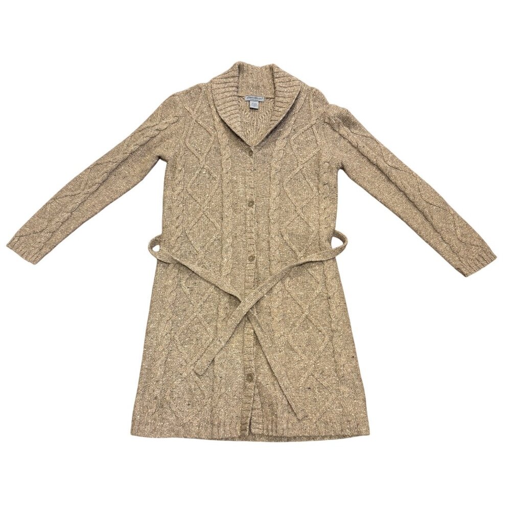 Eddie Bauer Belted Cardigan Sweater Womens Medium Wool Blend Cable Knit Long Tan
